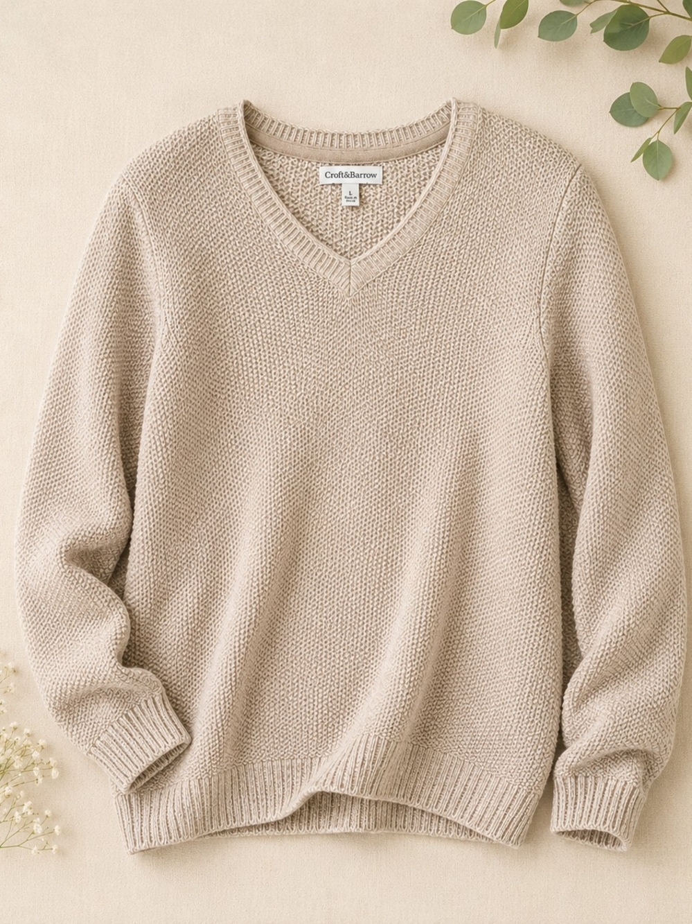 Croft & Barrow 100% Cotton Knit Sweater Large Oatmeal Beige V Neck Pullover
